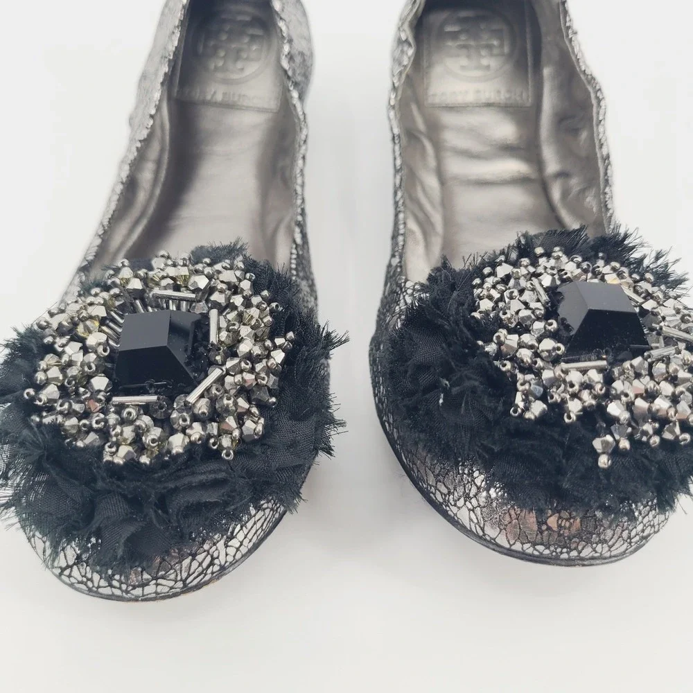Tory Burch Crackle Leather Amelia Jeweled Crystal‎ Bow Round Toe Flats Size 7M